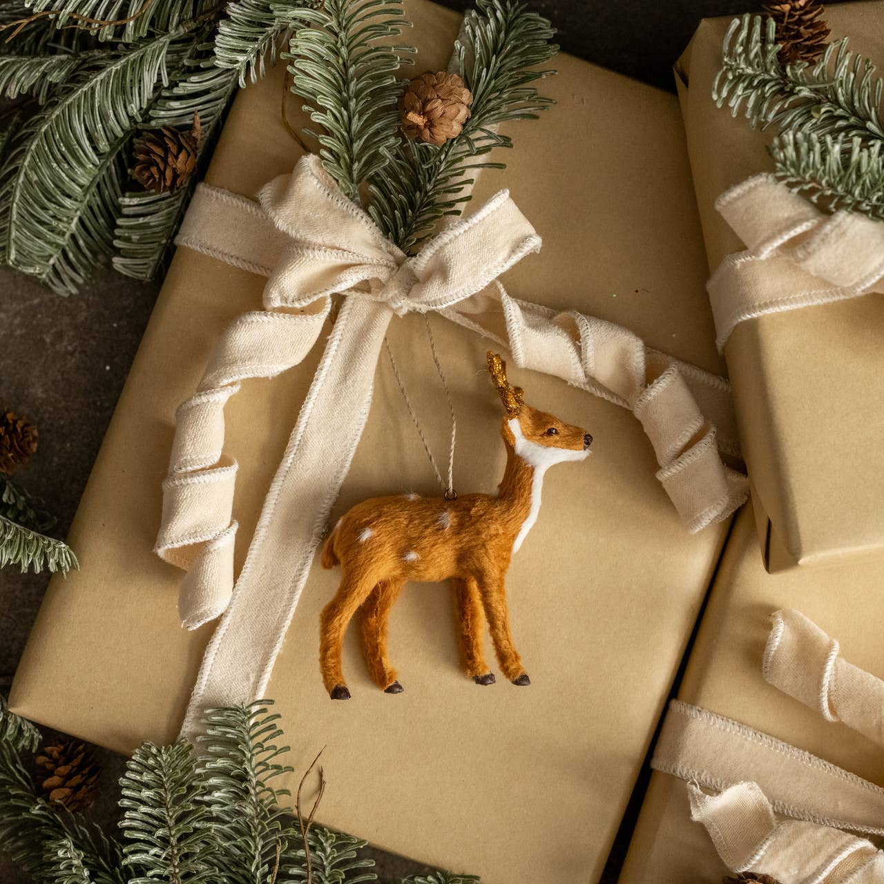 FUR DEER W/ GOLD GLITTERED ANTERS ORNAMENT